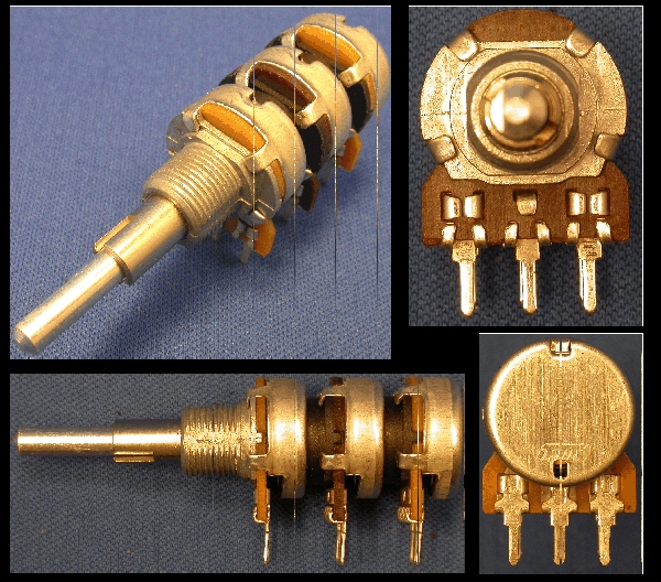 OM-01-032 - 16mm - 3 gang 470k rev. log / 470k rev. log / 22k lin + ident- concentric shaft OM-01-032 - 16mm - 3 gang 470k rev. log / 470k rev. log / 22k lin + ident- concentric shaft